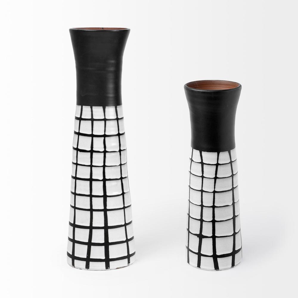 24" Black and White Modern Grid Ceramic Vase White. Picture 2