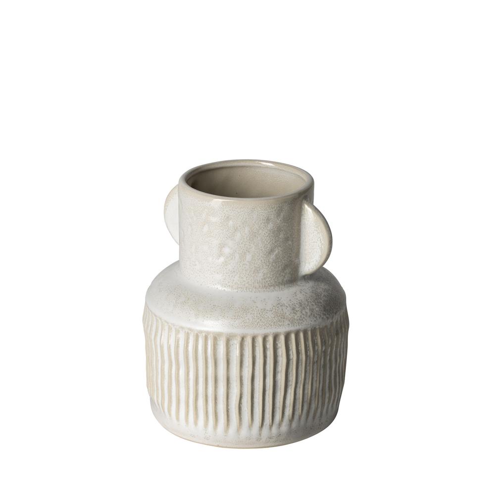 8" Whitewash Handled Textured Ceramic Vase Eggshell White. Picture 1