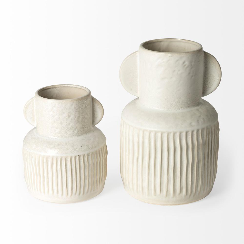 8" Whitewash Handled Textured Ceramic Vase Eggshell White. Picture 2