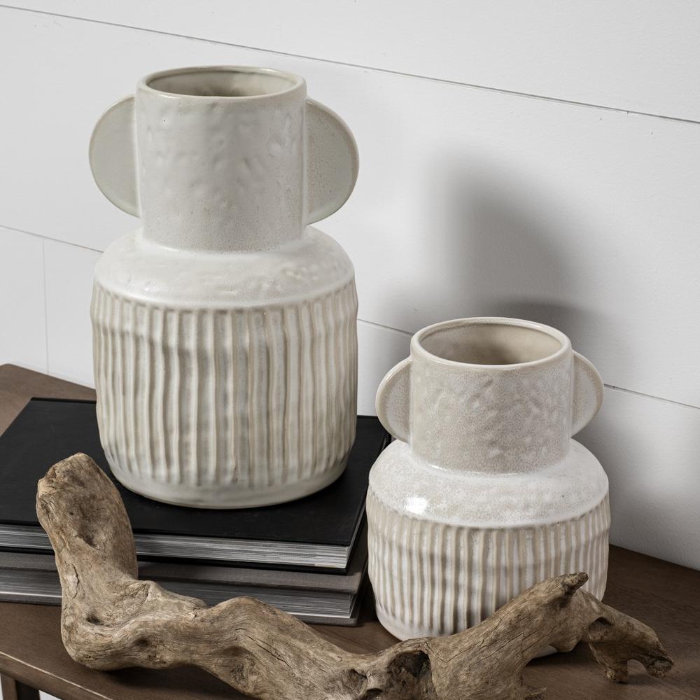 8" Whitewash Handled Textured Ceramic Vase Eggshell White. Picture 8