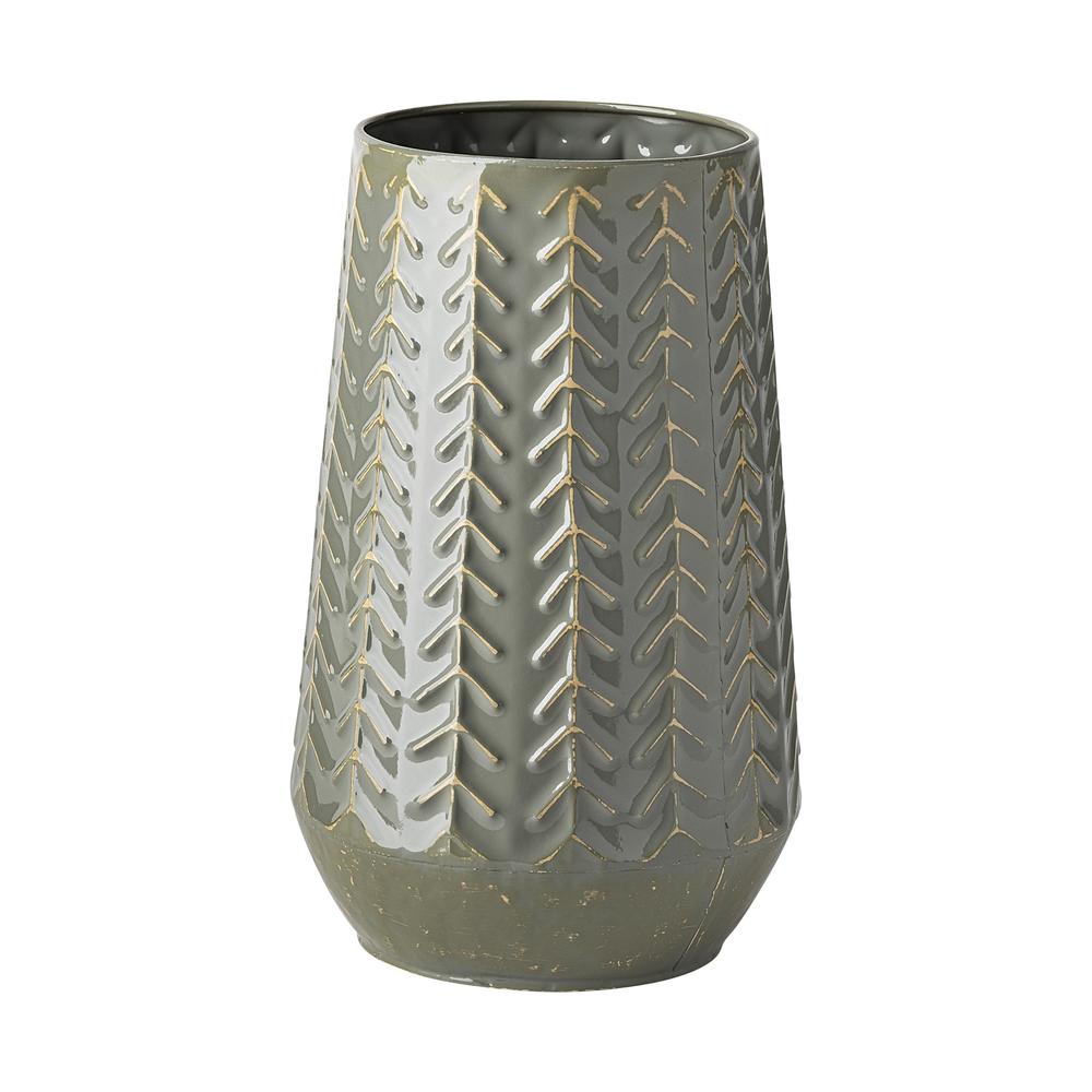 11" Green Organically Chevron Embossed Metal Vase Green/ Gray. Picture 1