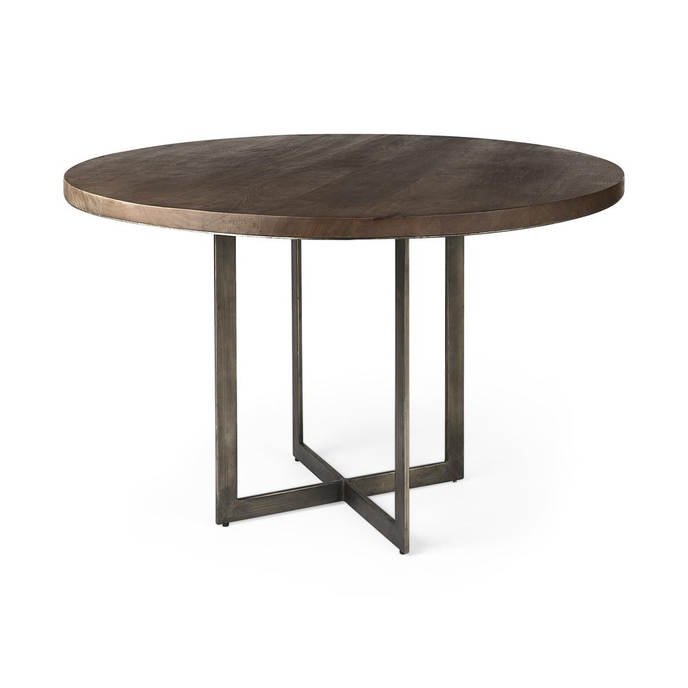 Rustic Brown Round Wood and Metal Dining Table. Picture 1