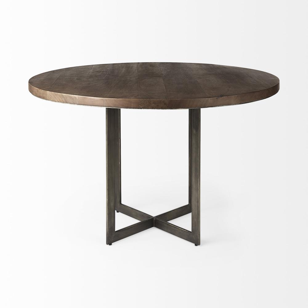 Rustic Brown Round Wood and Metal Dining Table. Picture 2