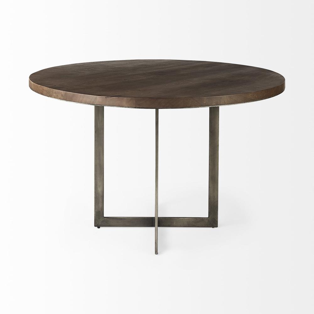 Rustic Brown Round Wood and Metal Dining Table. Picture 3