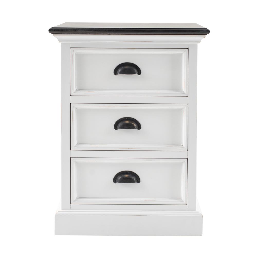 Distressed White and Deep Brown Three Drawer Nightstand White Distress & Deep Brown. Picture 1