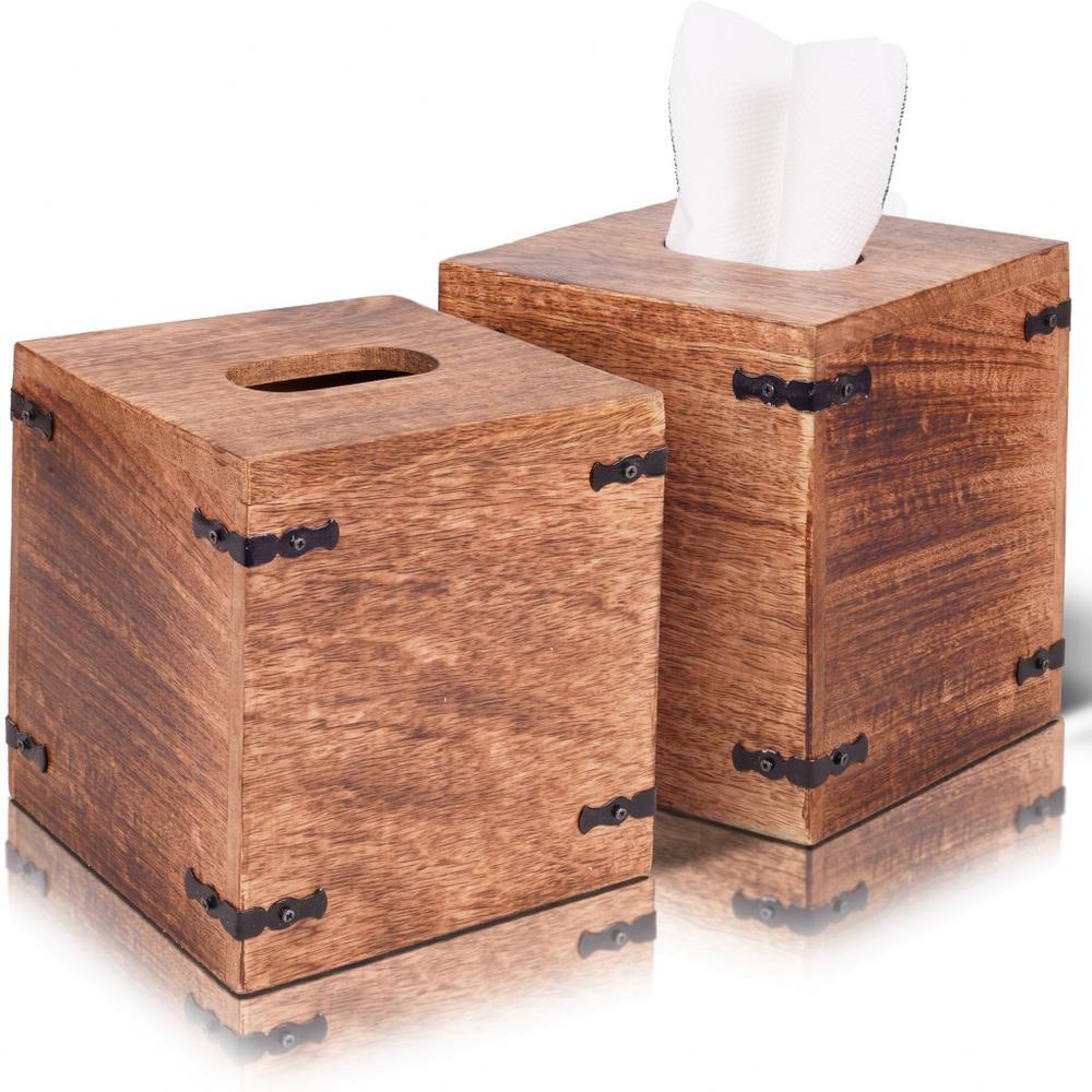 Set of 2 Rustic Natural Mango Wood Square Tissue Holders Natural. The main picture.