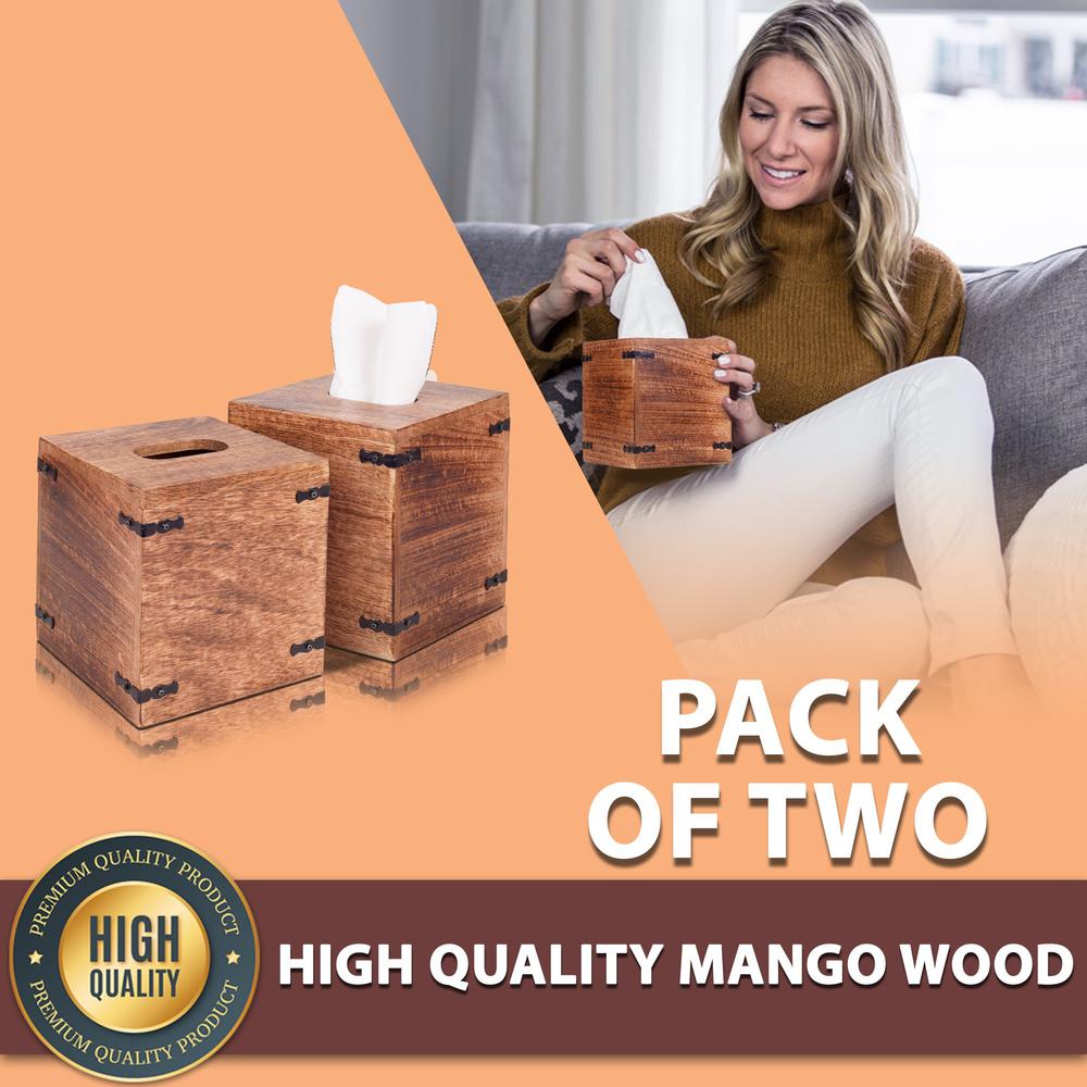 Set of 2 Rustic Natural Mango Wood Square Tissue Holders Natural. Picture 6