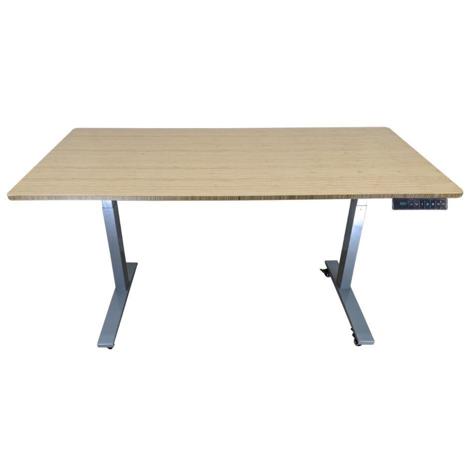 Gray and Natural Bamboo Dual Motor Electric Office Adjustable Computer Desk. Picture 1