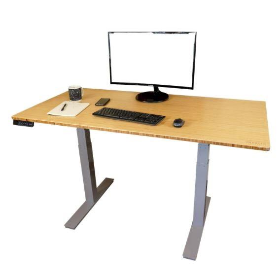 Gray and Natural Bamboo 52" Dual Motor Electric Office Adjustable Computer Desk. Picture 1