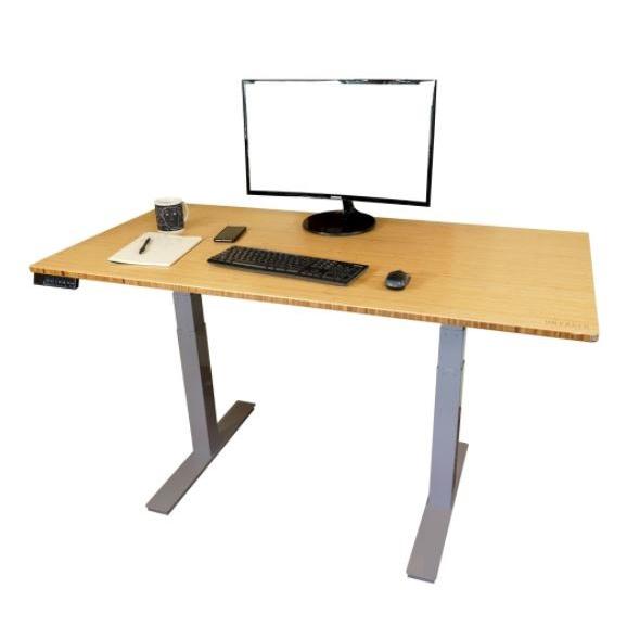 Gray and Natural Bamboo 52" Dual Motor Electric Office Adjustable Computer Desk. Picture 2