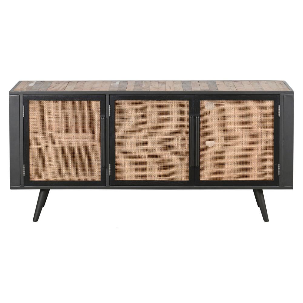 Rustic Black Natural and Rattan Media Cabinet with Three Doors. Picture 1