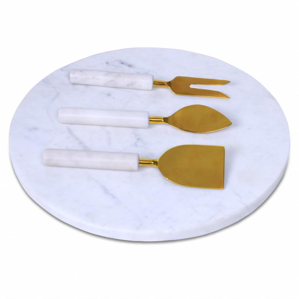 12" Round White Marble Cheese Board and Knife Set White. Picture 1