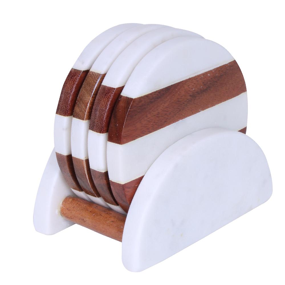 Set of Four Round Wood and Marble Coasters with Stand Natural/White. Picture 6