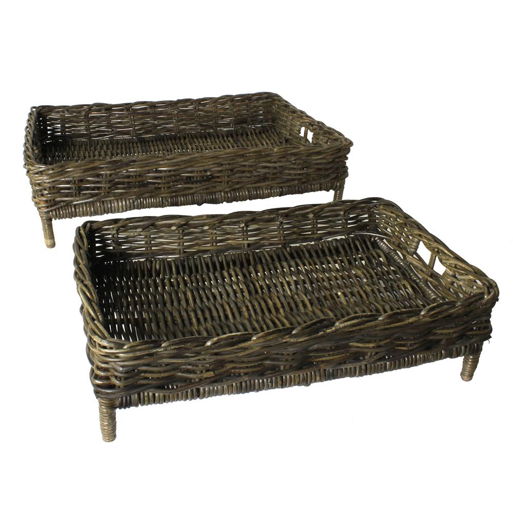 Set of Two Brown Rattan Trays Grey / Brown. Picture 1
