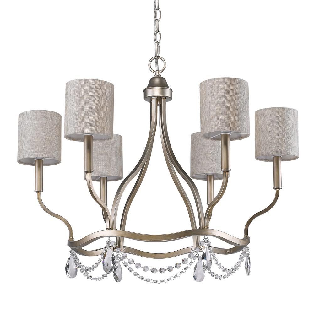 Margaret 6-Light Washed Gold Chandelier With Fabric Shades And Crystal Accents. Picture 1