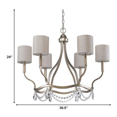 Margaret 6-Light Washed Gold Chandelier With Fabric Shades And Crystal Accents. Picture 5