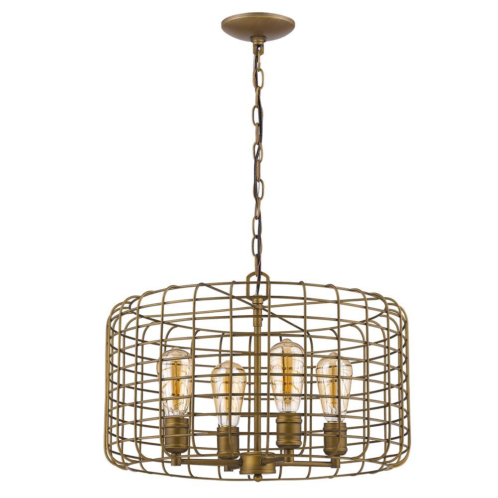 Lynden 4-Light Raw Brass Drum Pendant With Wire Cage Shade. Picture 2