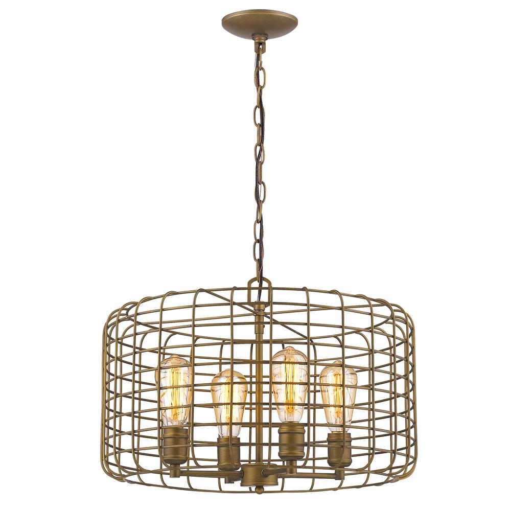 Lynden 4-Light Raw Brass Drum Pendant With Wire Cage Shade. Picture 1