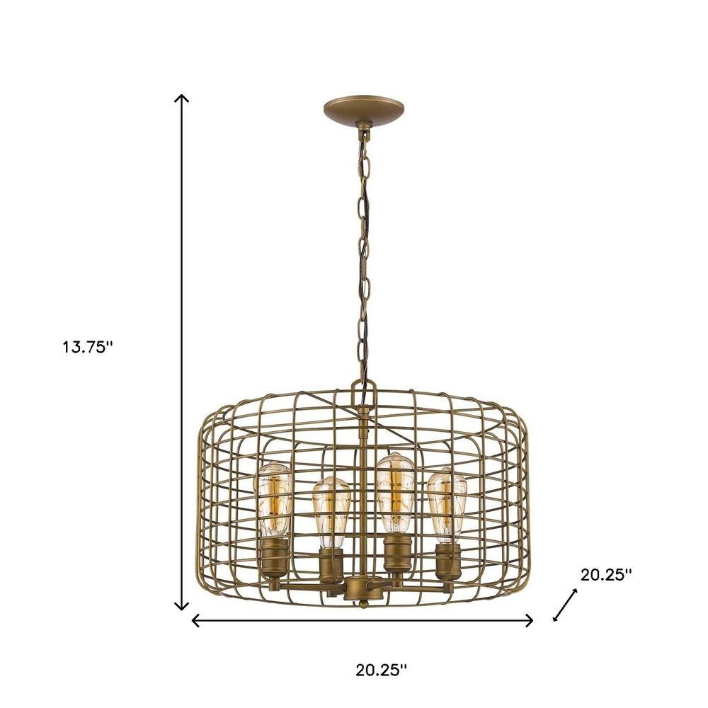 Lynden 4-Light Raw Brass Drum Pendant With Wire Cage Shade. Picture 4