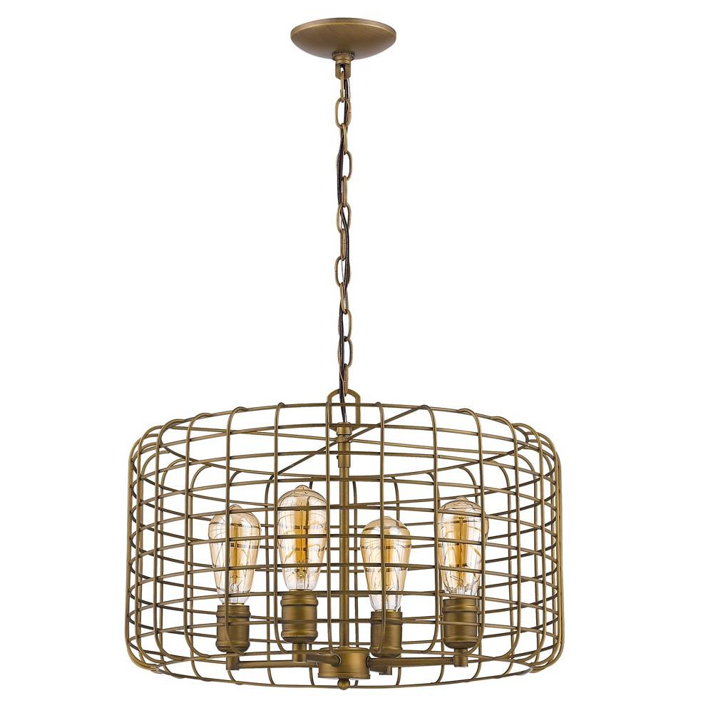 Lynden 4-Light Raw Brass Drum Pendant With Wire Cage Shade. Picture 3