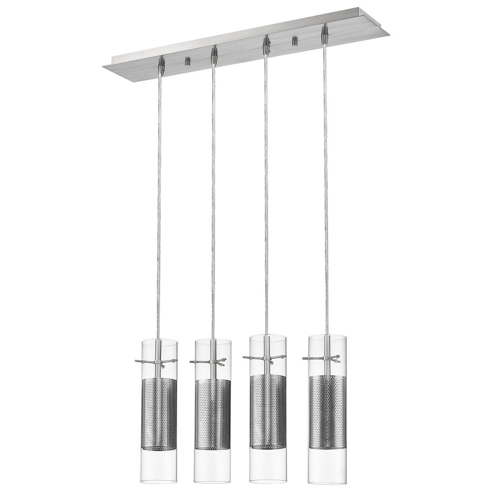 Scope 4-Light Brushed Nickel Pendant Double Glass and Mesh Shades. Picture 1