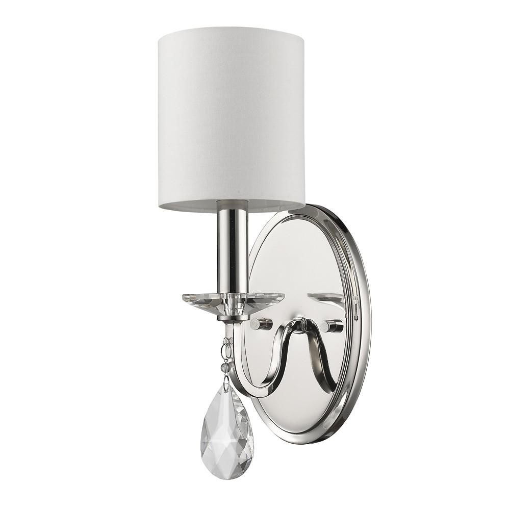 Silver Three Light Wall Sconce with White Fabric Shade. Picture 1