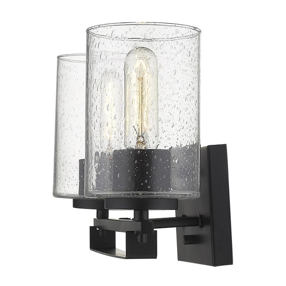 Black Metal and Textured Glass Two Light Wall Sconce. Picture 1