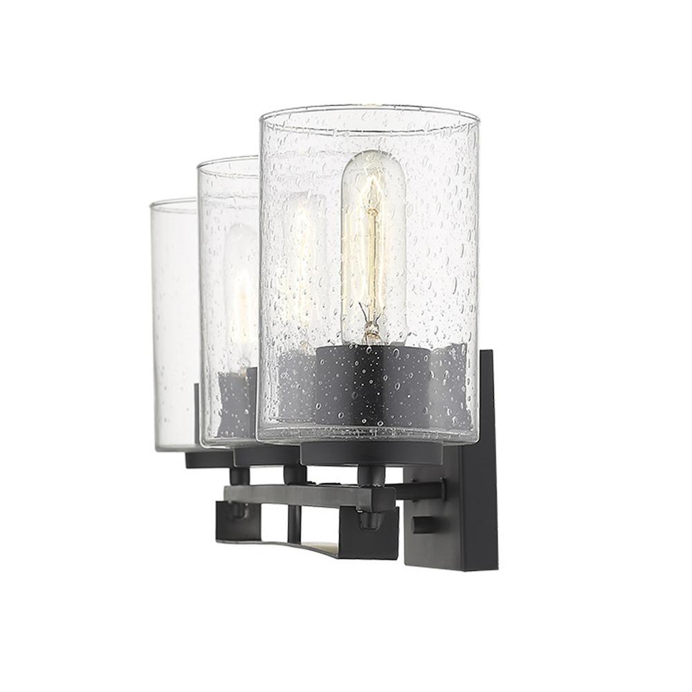 Black Metal and Textured Glass Three Light Wall Sconce. Picture 1