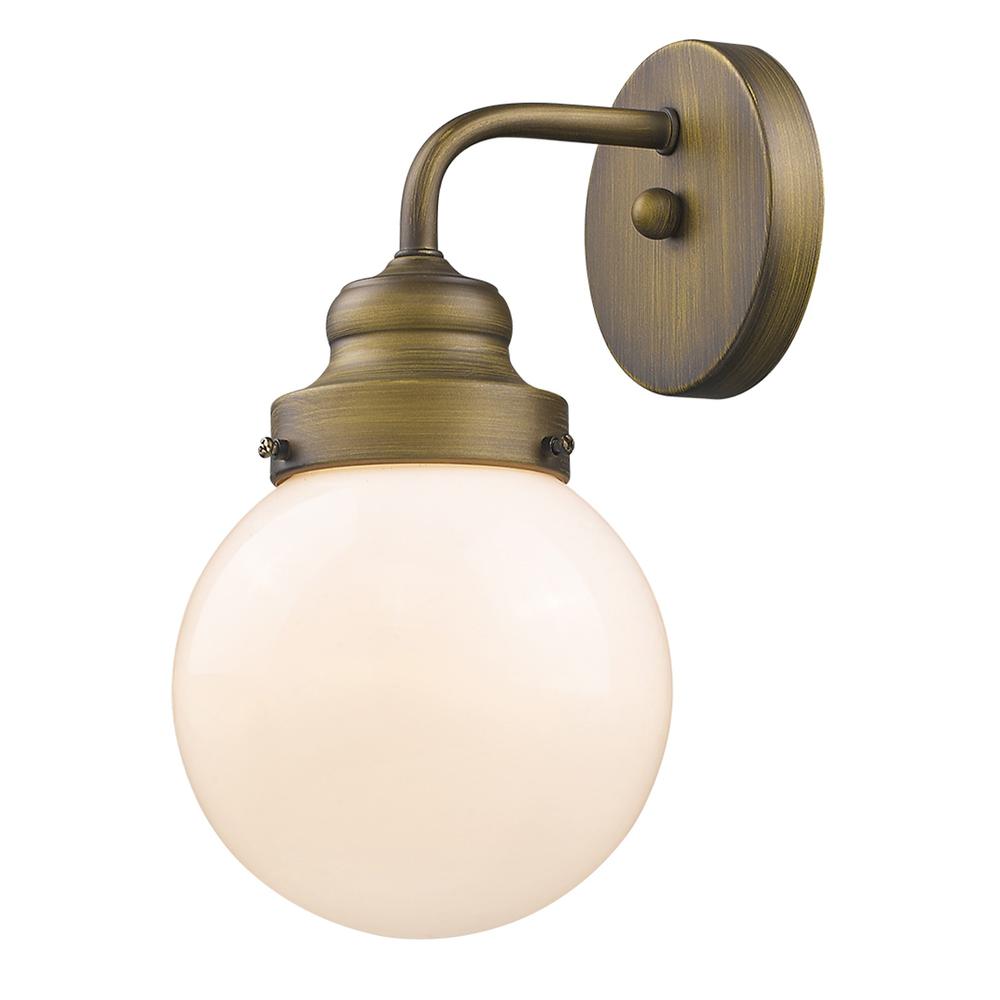 One Light Gold Wall Sconce with Round Glass Shade. Picture 1