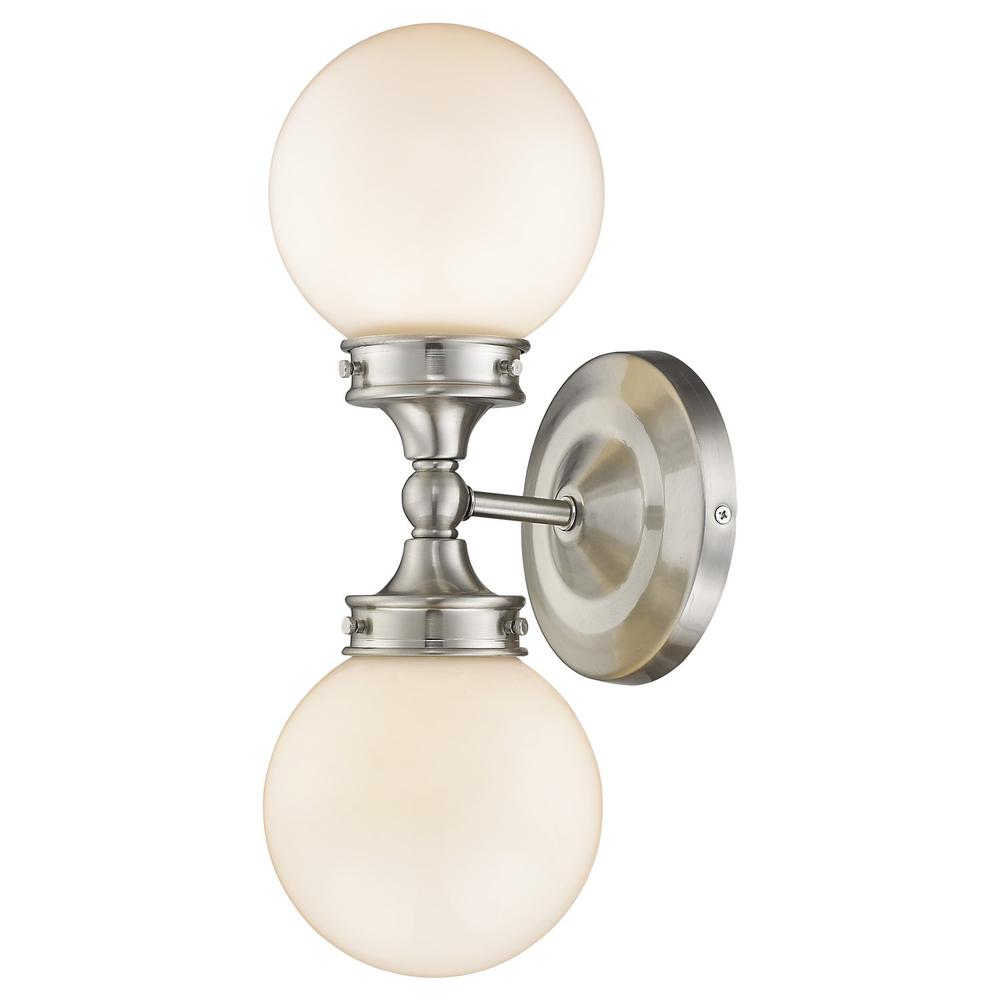 Two Light Silver Wall Sconce with Round Frosted Glass Shade. Picture 1