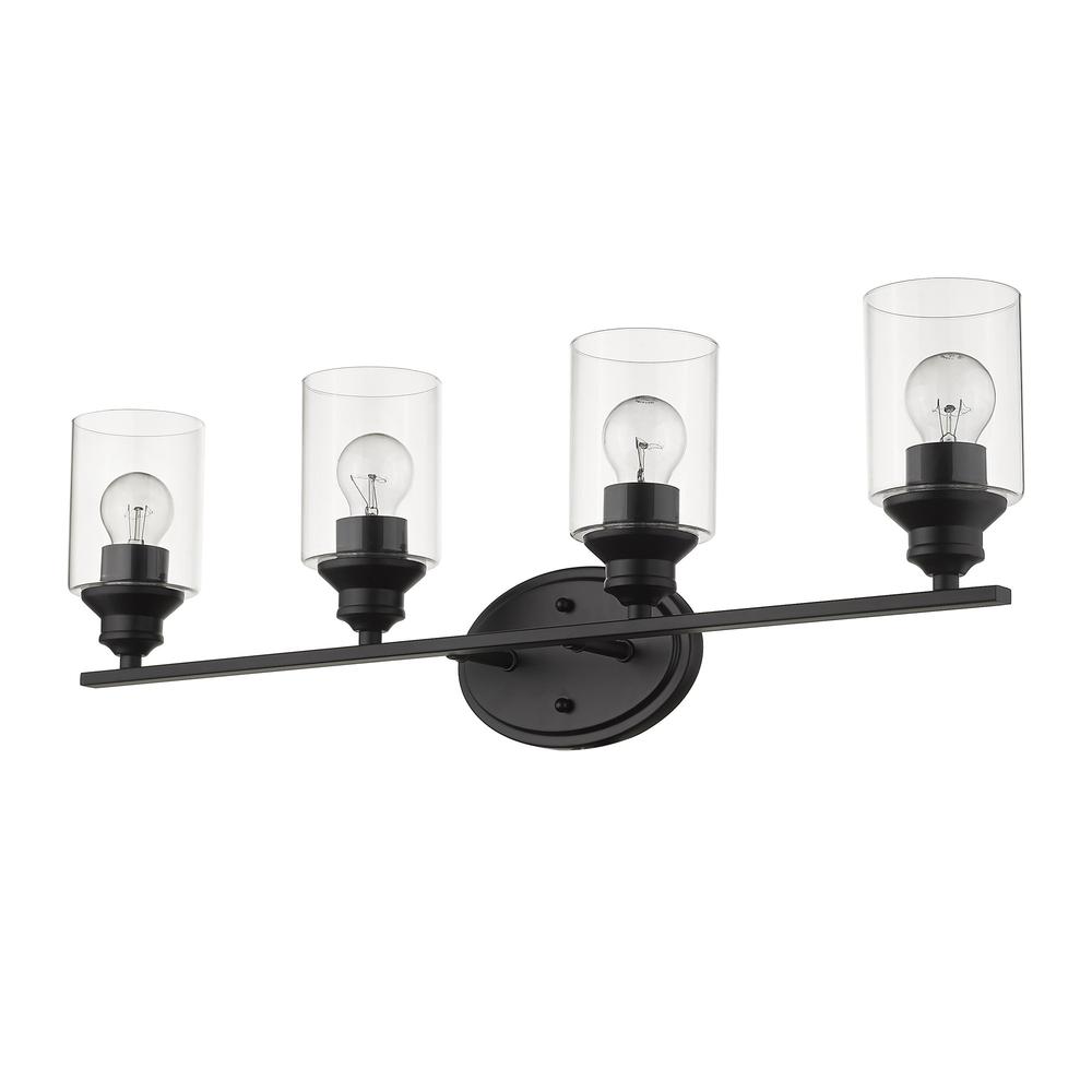 Four Light Matte Black Wall Light with Clear Glass Shade. Picture 1