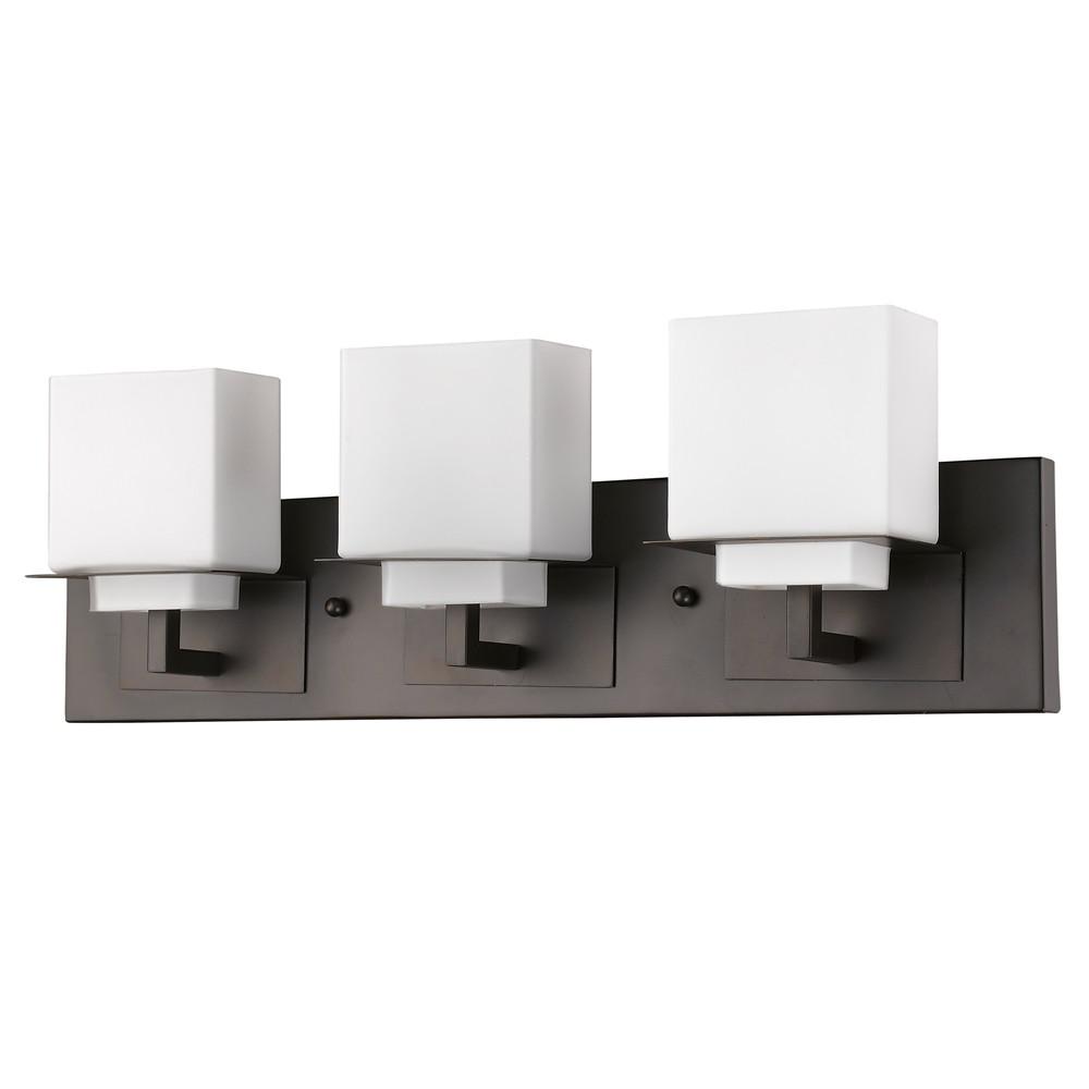Rampart 3-Light Oil-Rubbed Bronze Vanity Light With Etched Glass Shades. Picture 2