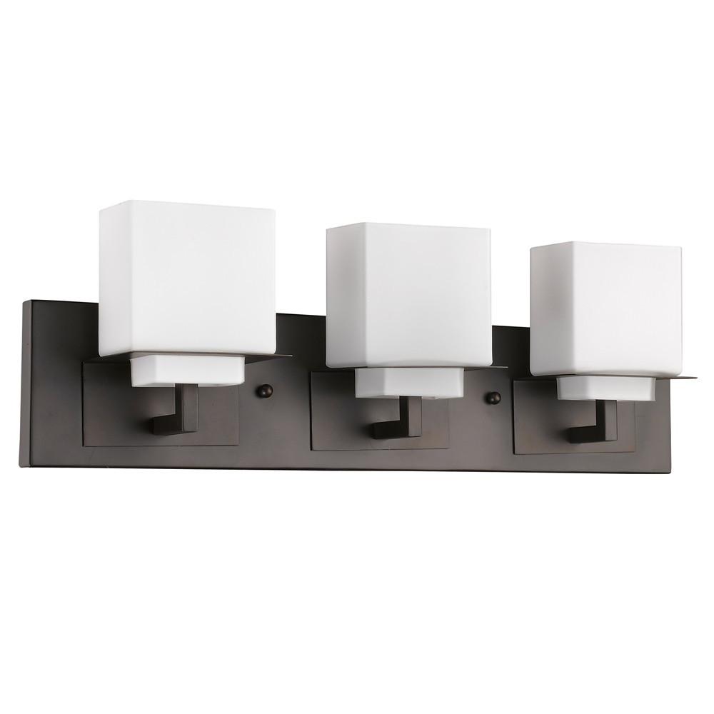 Rampart 3-Light Oil-Rubbed Bronze Vanity Light With Etched Glass Shades. Picture 1