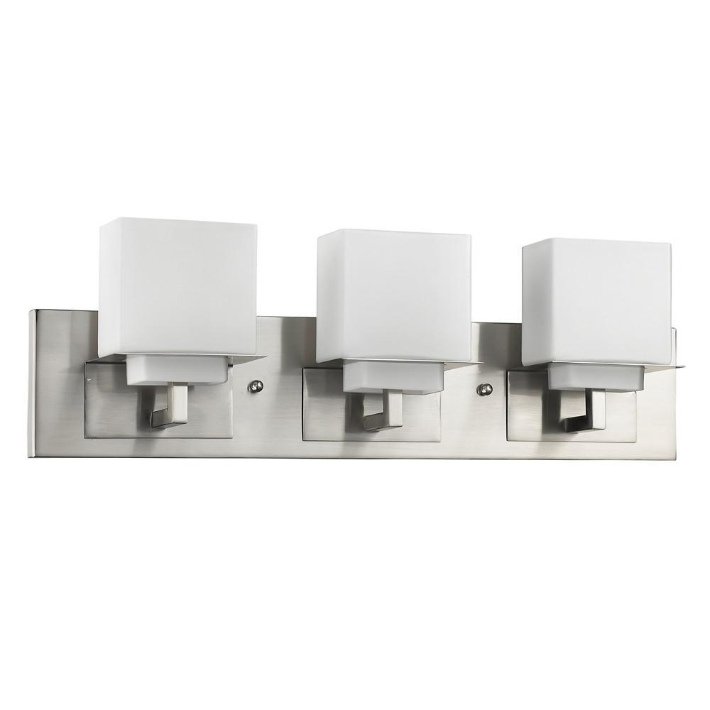 Rampart 3-Light Satin Nickel Vanity Light With Etched Glass Shades. Picture 2