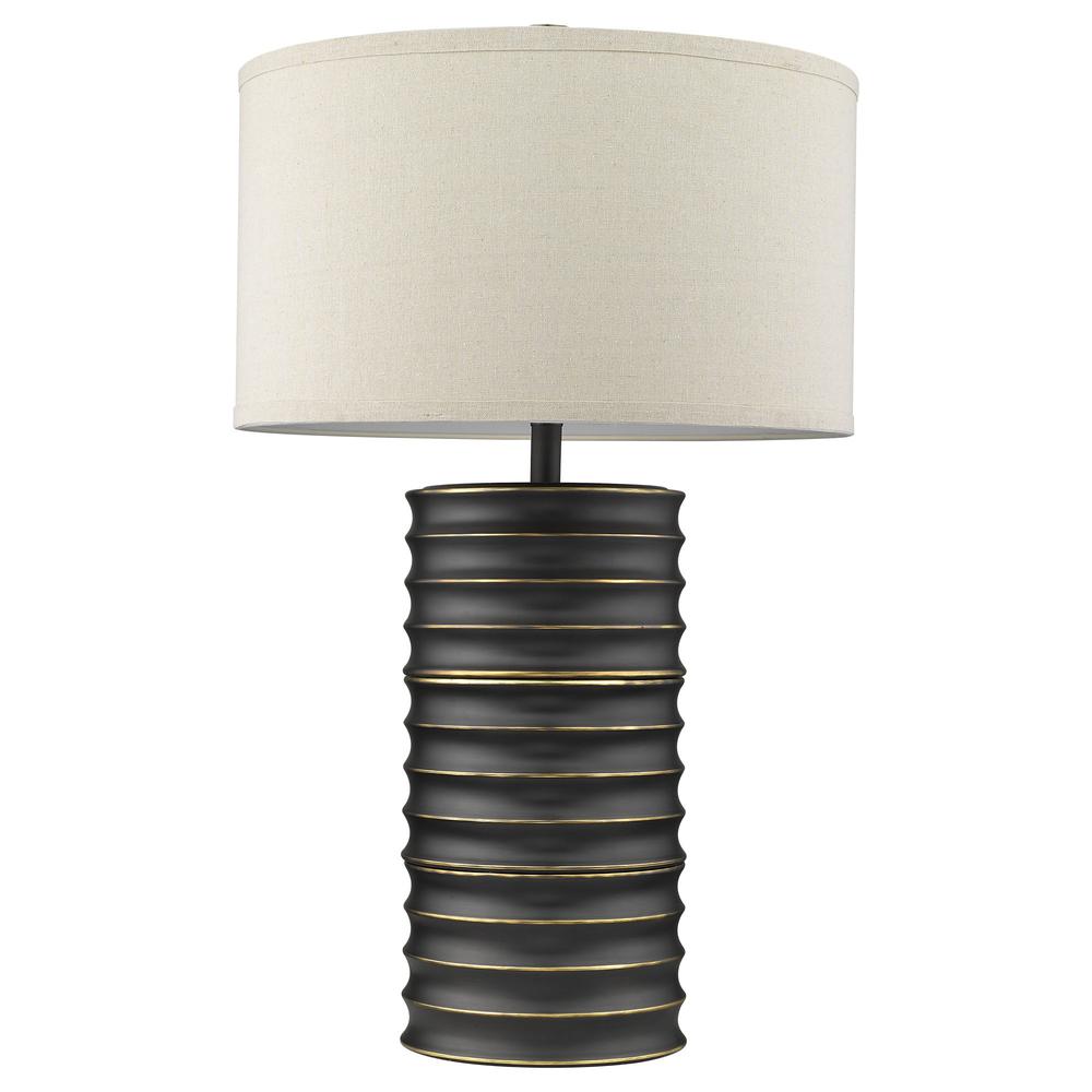 29" Black Ceramic Column Table Lamp With Off White Drum Shade. Picture 2