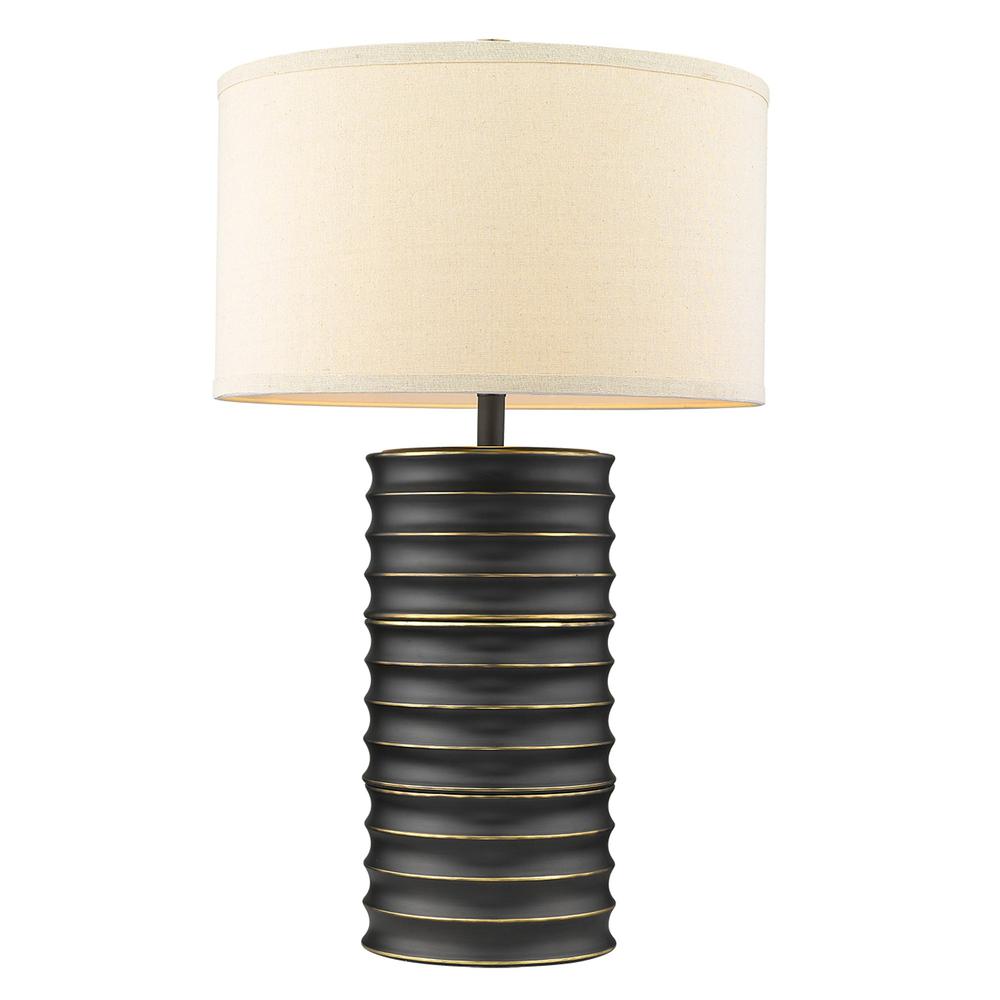 29" Black Ceramic Column Table Lamp With Off White Drum Shade. Picture 1