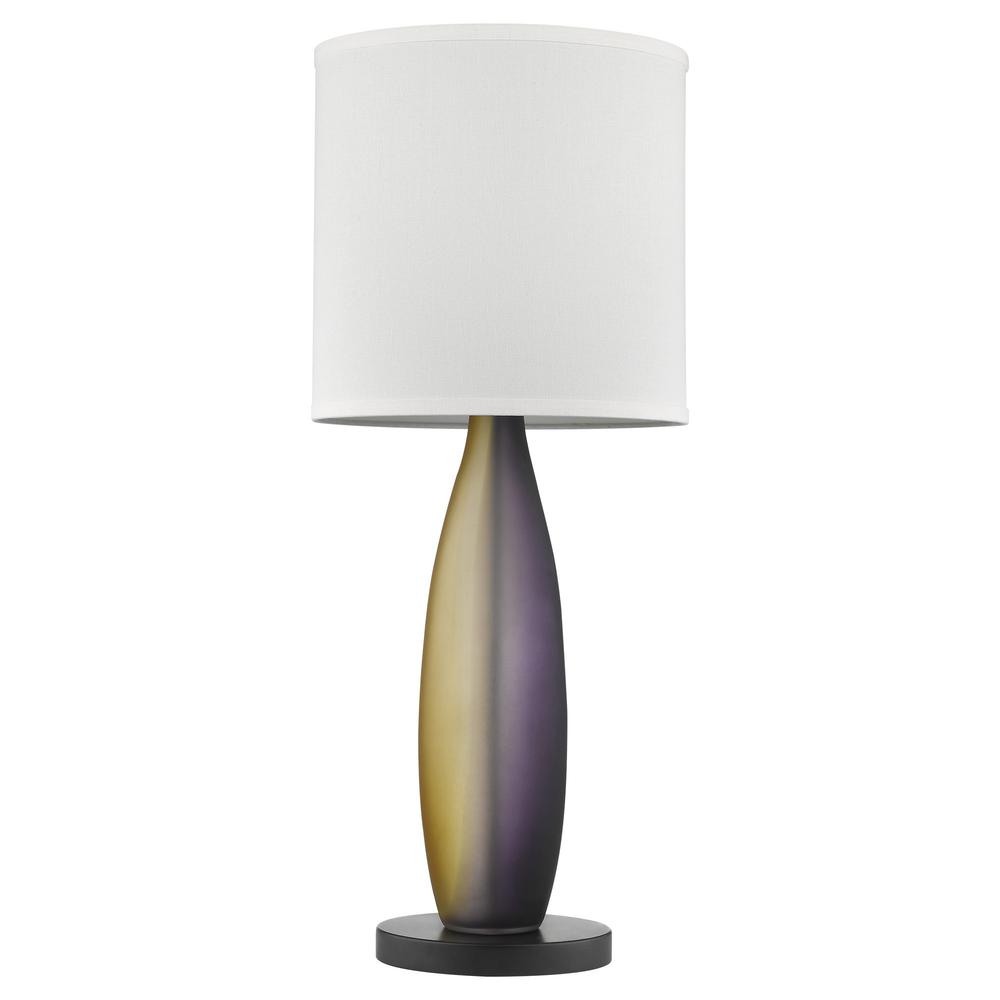 Elixer 1-Light Plum/Gold Frosted Glass And Ebony Lacquer Table Lamp With Lattice Cream Linen Shade. Picture 1