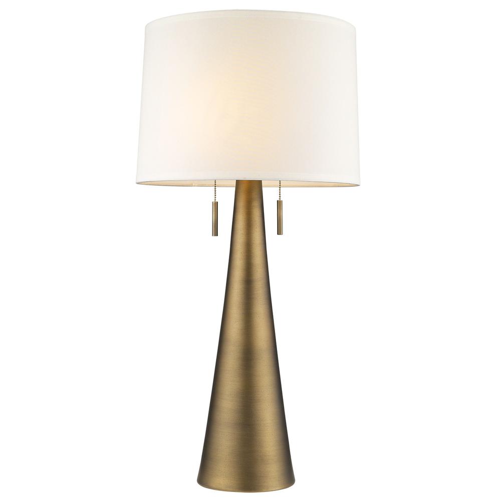 34" Brass Metal Two Light Table Lamp With White Empire Shade. Picture 1