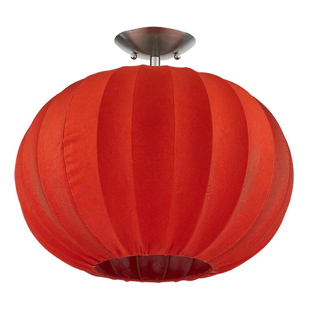 Shanghai 1-Light Brushed Nickel Pendant With Sheer Red Ribbon Shade. Picture 2
