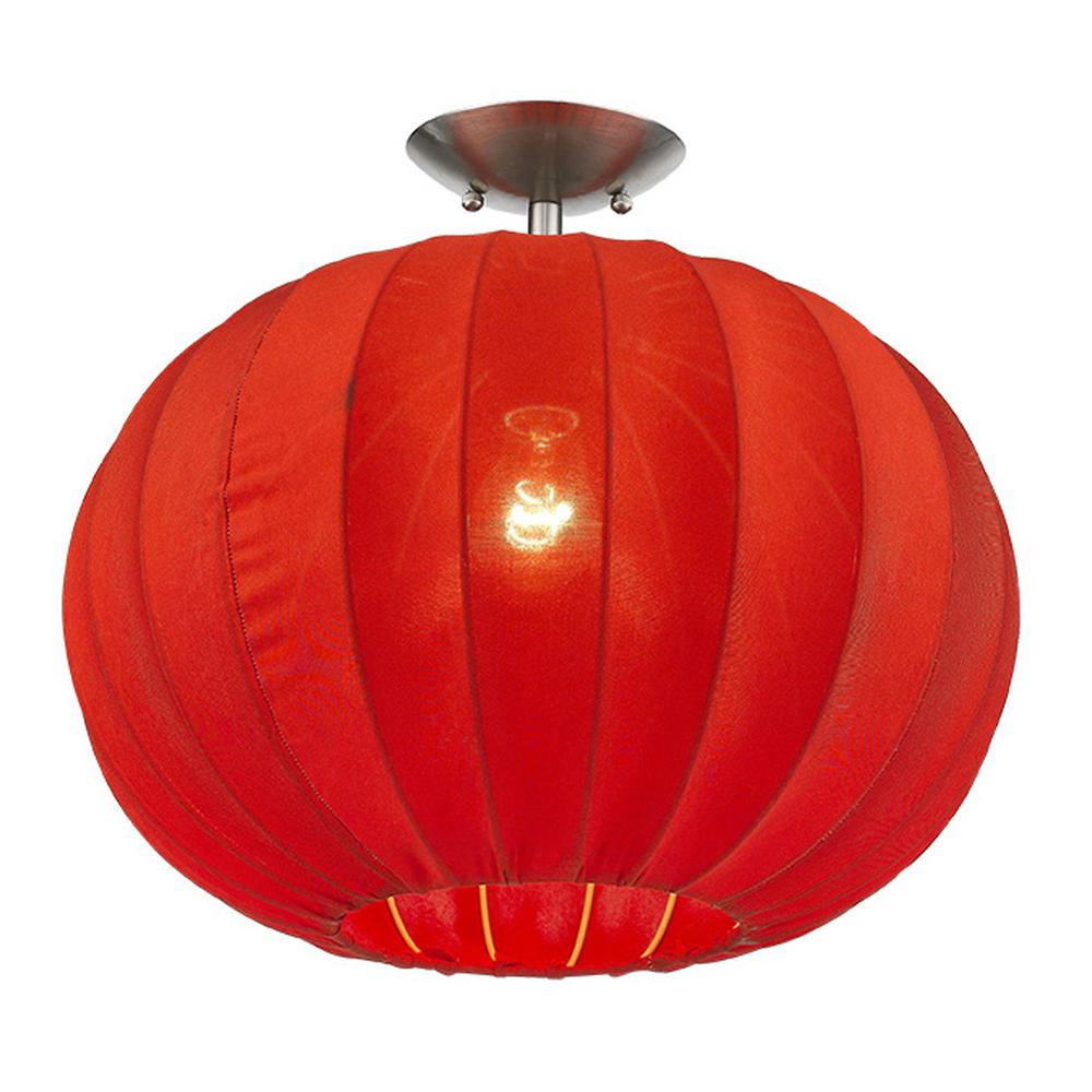 Shanghai 1-Light Brushed Nickel Pendant With Sheer Red Ribbon Shade. Picture 3