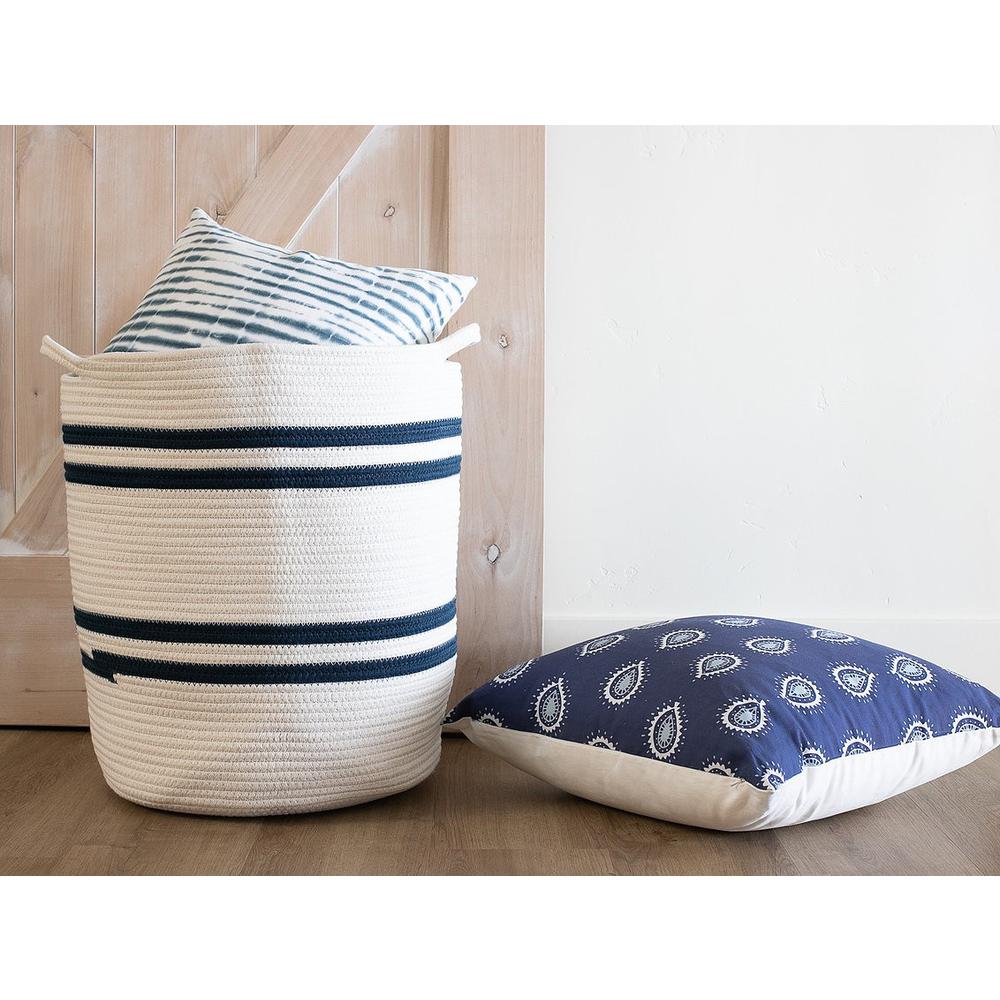 19" Ivory and Navy Stripe Cotton Woven Rope Basket. Picture 1