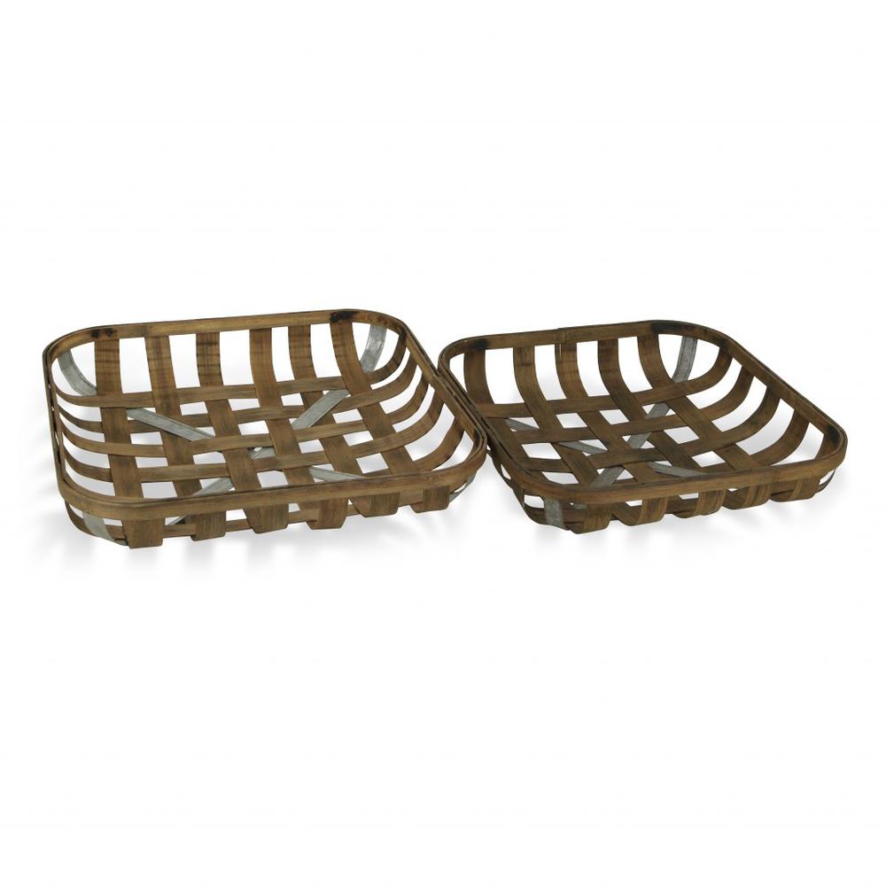 Set of Two Wood and Metal Lattice Weave Baskets Brown. Picture 1