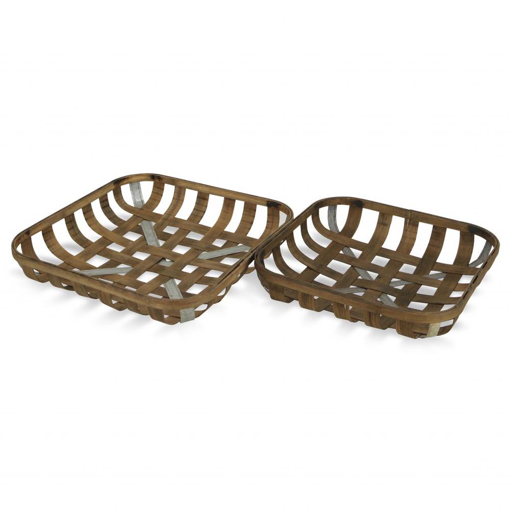 Set of Two Wood and Metal Lattice Weave Baskets Brown. Picture 2