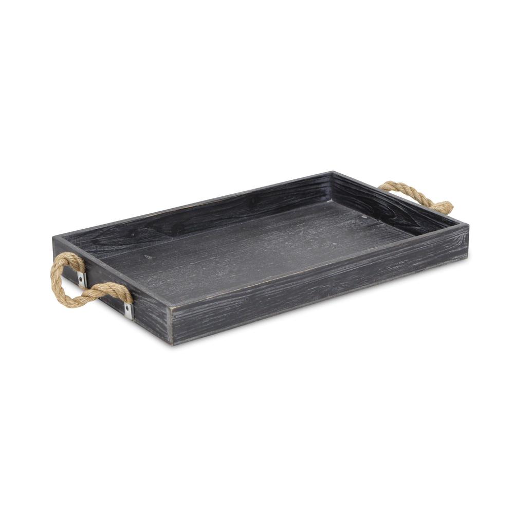Black Wooden Tray with Rope Handles Black. Picture 1