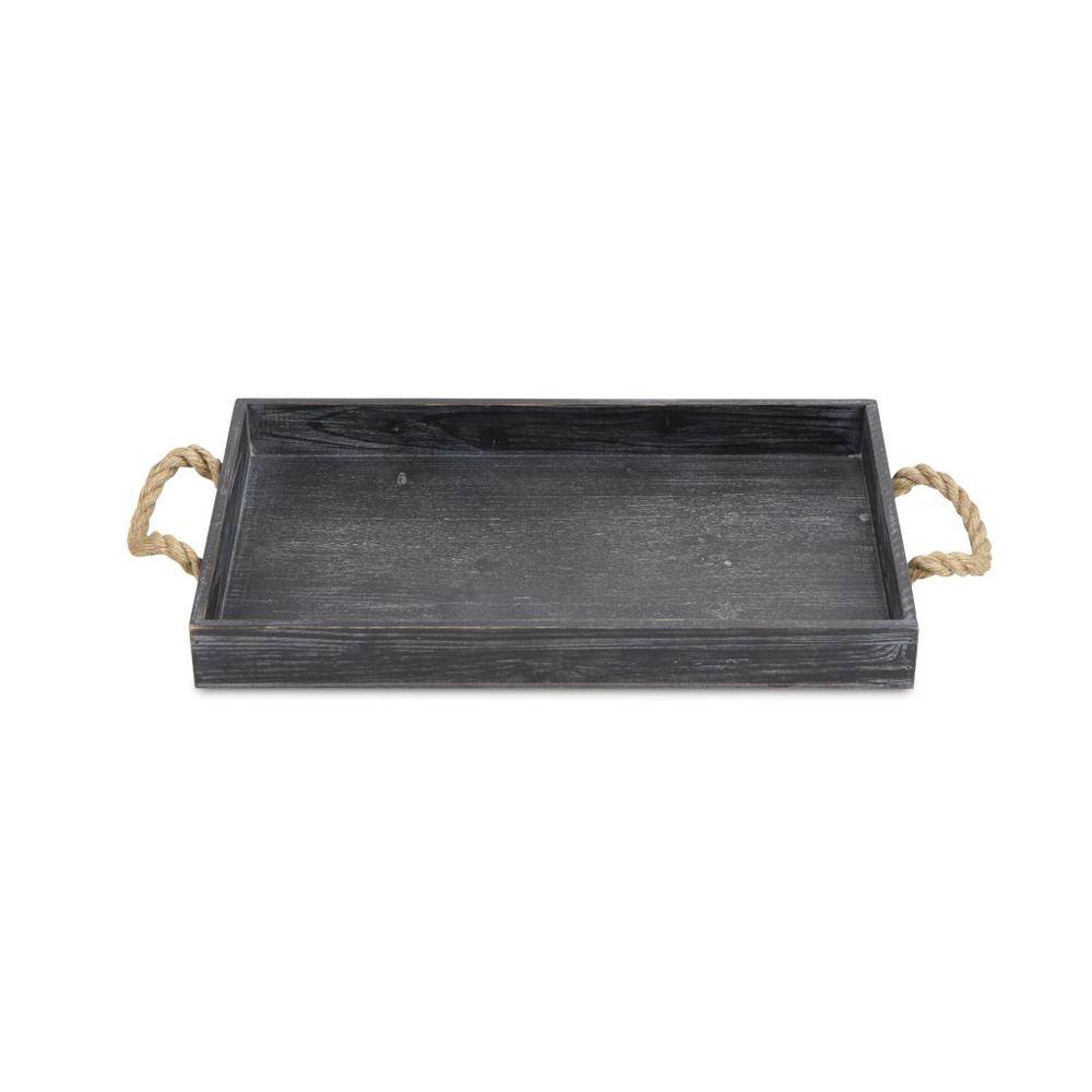 Black Wooden Tray with Rope Handles Black. Picture 4