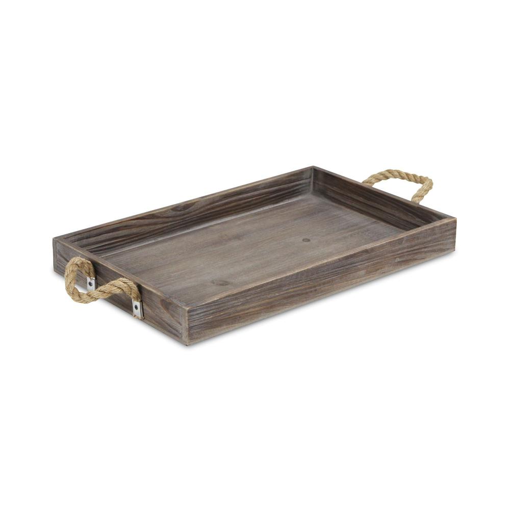 Dark Brown Wooden Tray with Rope Handles Brown. Picture 1