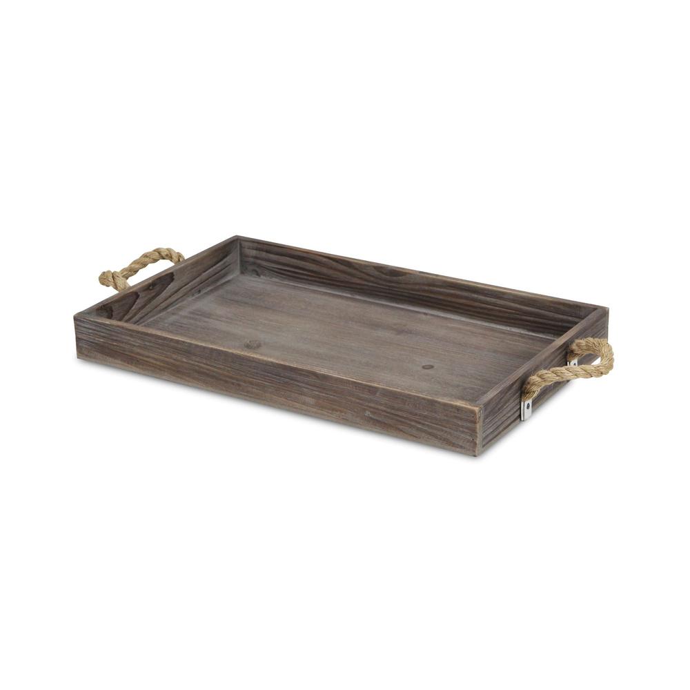 Dark Brown Wooden Tray with Rope Handles Brown. Picture 2