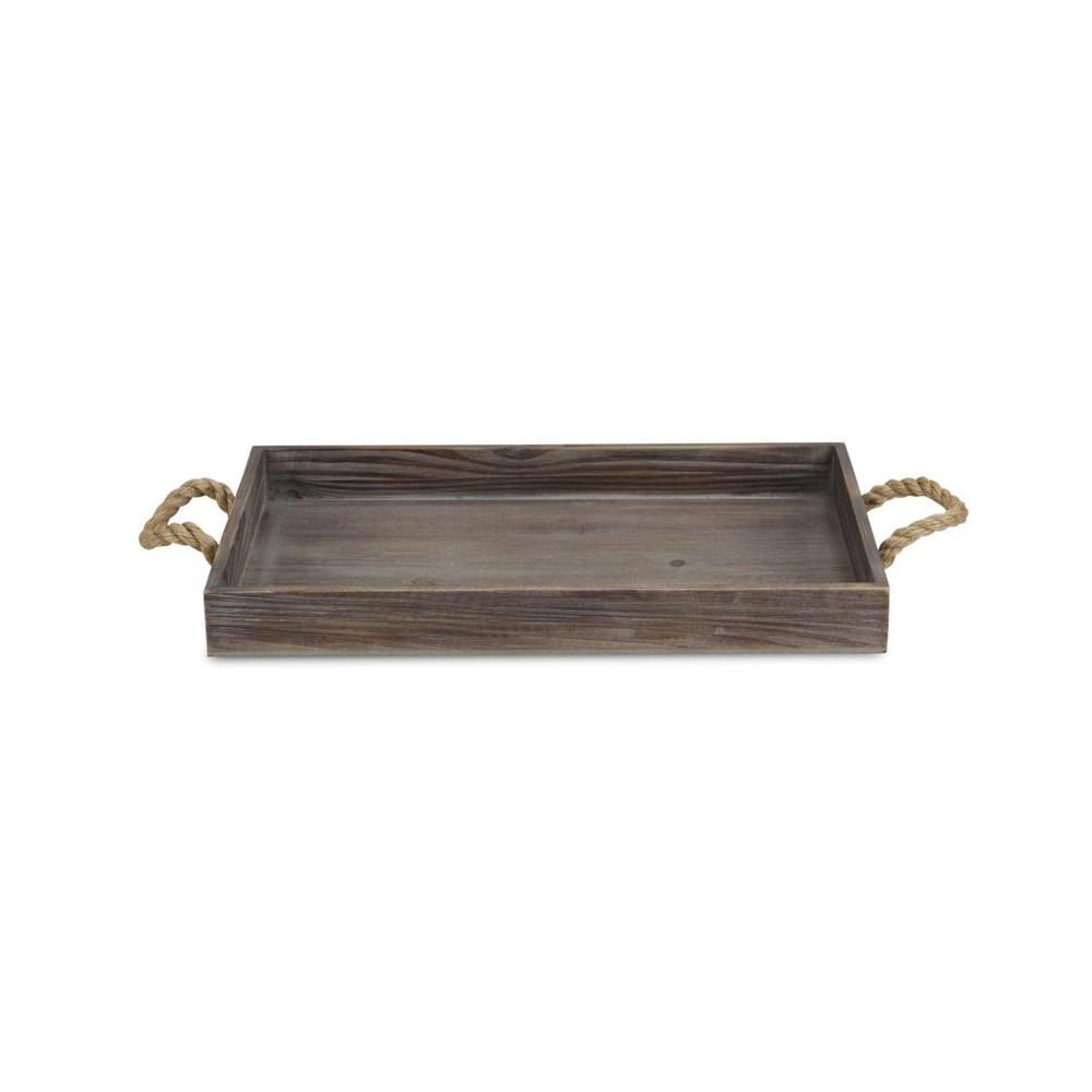 Dark Brown Wooden Tray with Rope Handles Brown. Picture 3
