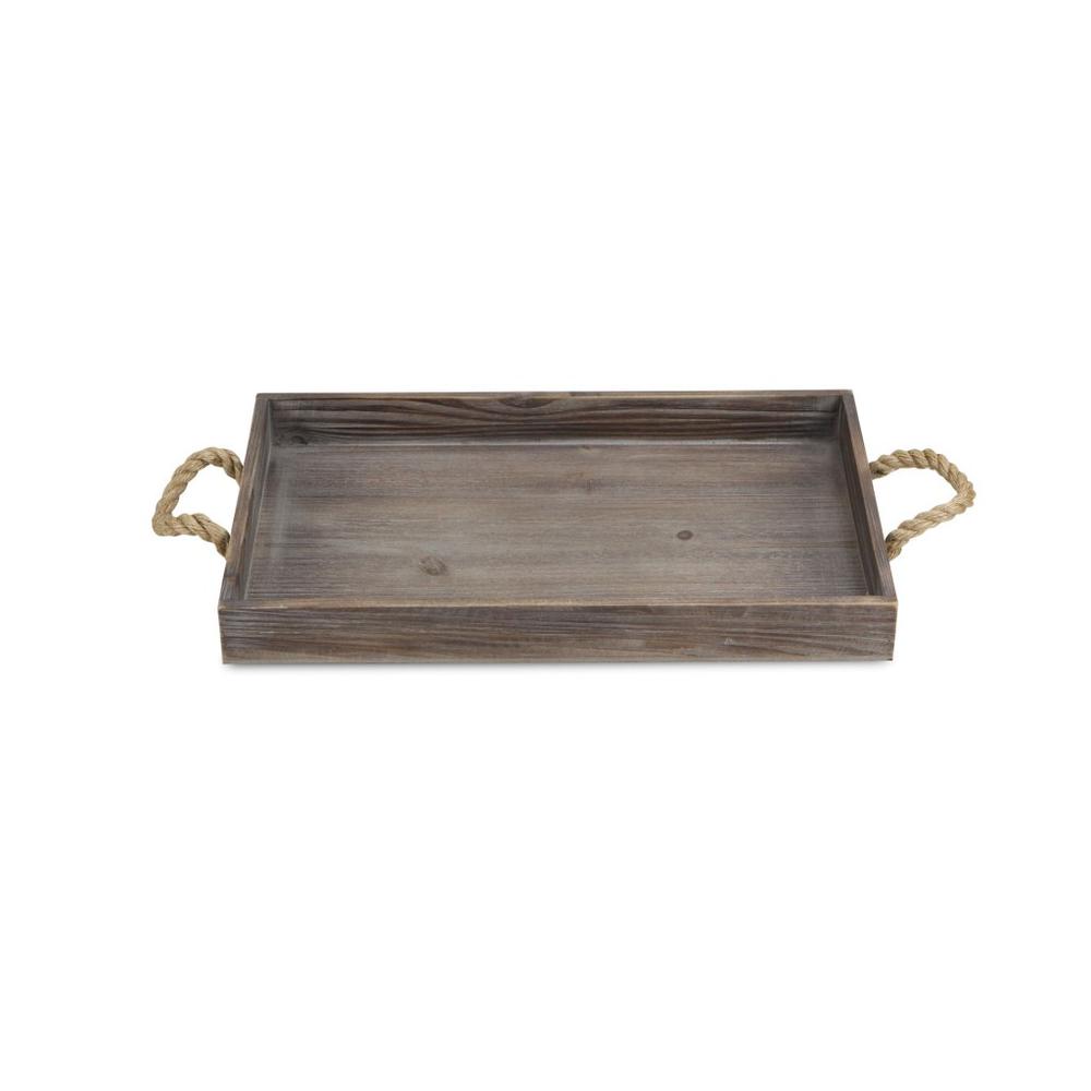 Dark Brown Wooden Tray with Rope Handles Brown. Picture 4