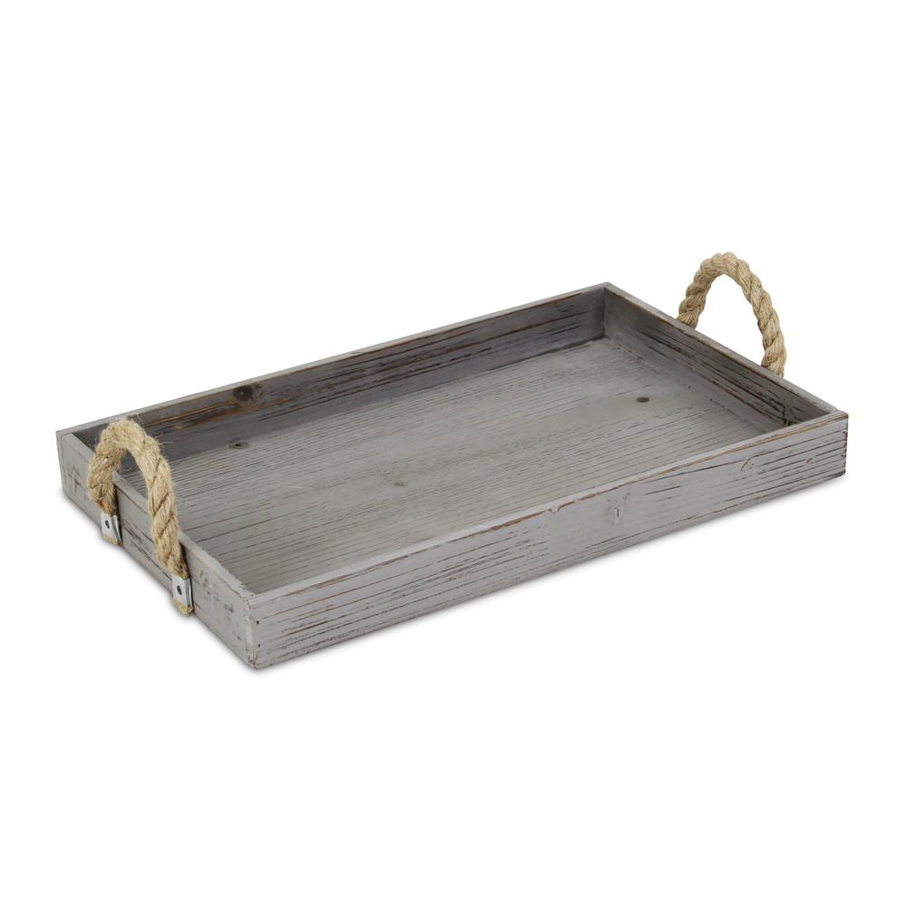 Gray Wooden Tray with Rope Handles Gray. Picture 1